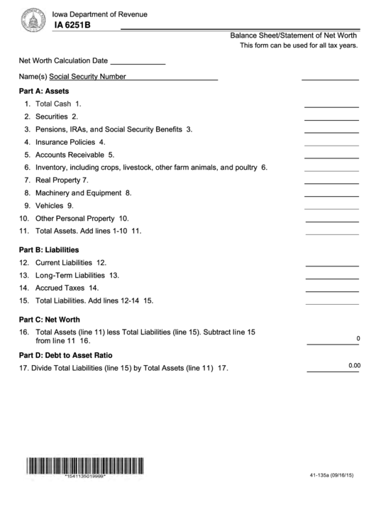 Fillable Form Ia 6251b - Balance Sheet/statement Of Net Worth Printable pdf