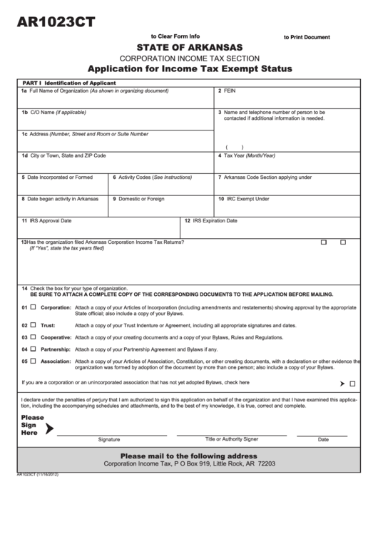 Fillable Form Ar1023ct Application For Income Tax Exempt Status