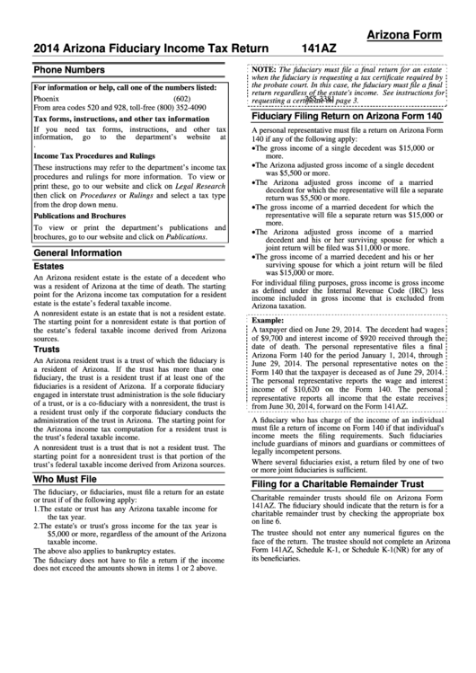 Instructions For Form 141az - Arizona Fiduciary Income Tax Return - 2014 Printable pdf