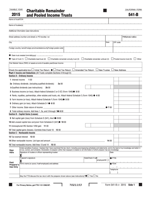 California Form 541-B - Charitable Remainder And Pooled Income Trusts - 2015 Printable pdf