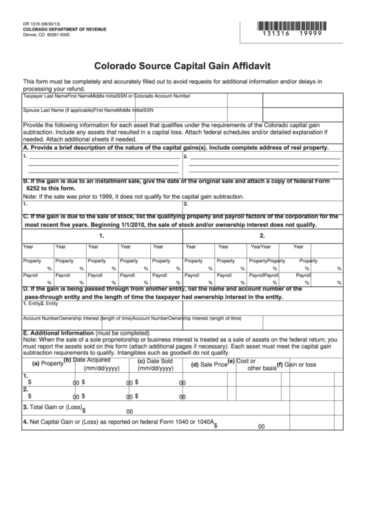 Fillable Form Dr 1316 - Colorado Source Capital Gain Affidavit Printable pdf