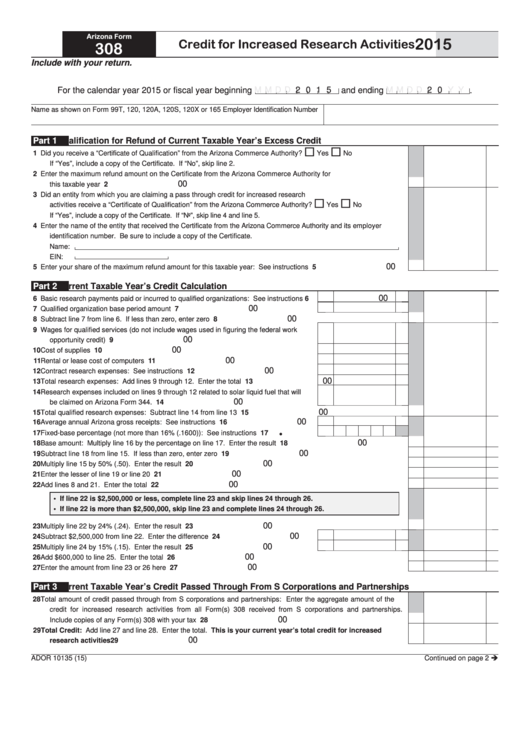 Fillable Arizona Form 308 - Credit For Increased Research Activities - 2015 Printable pdf