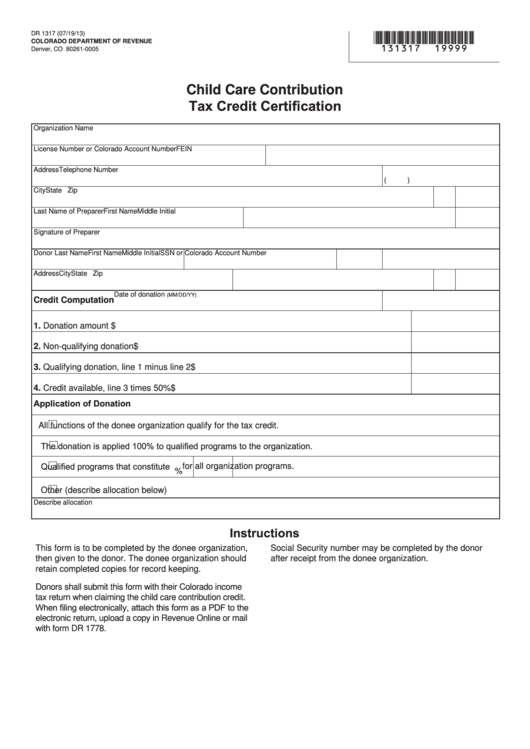 Fillable Form Dr 1317 - Child Care Contribution Tax Credit Certification Printable pdf
