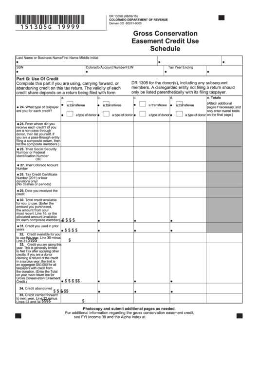 Fillable Form Dr 1305g - Gross Conservation Easement Credit Use Schedule Printable pdf
