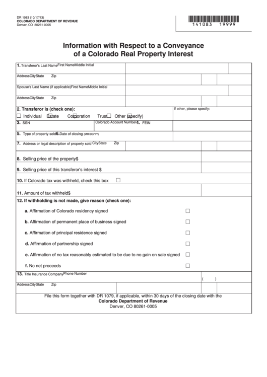 Fillable Form Dr 1083 - Information With Respect To A Conveyance Of A Colorado Real Property Interest Printable pdf