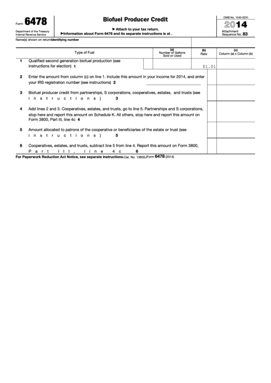 Fillable Form 6478 - Biofuel Producer Credit - 2014 Printable pdf