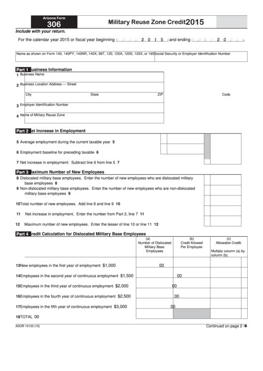 Fillable Arizona Form 306 - Military Reuse Zone Credit - 2015 Printable pdf