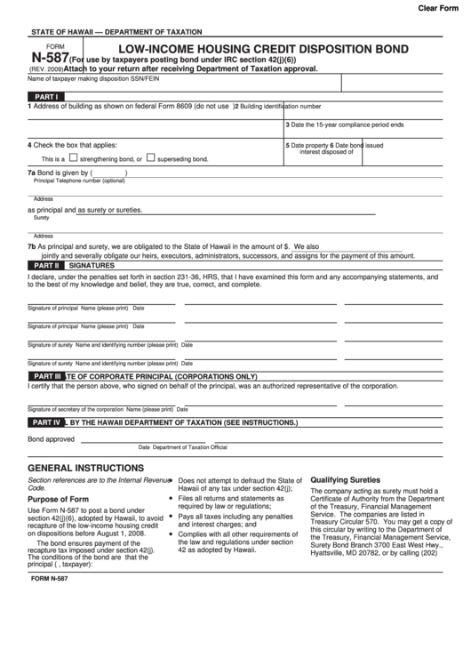 Fillable Form N-587 - Low-Income Housing Credit Disposition Bond Printable pdf