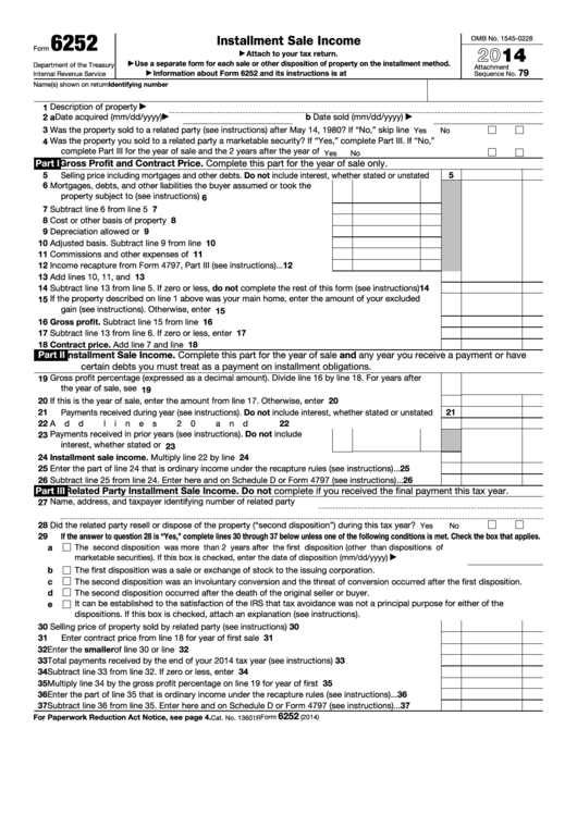 Fillable Form 6252 - Installment Sale Income - 2014 Printable pdf