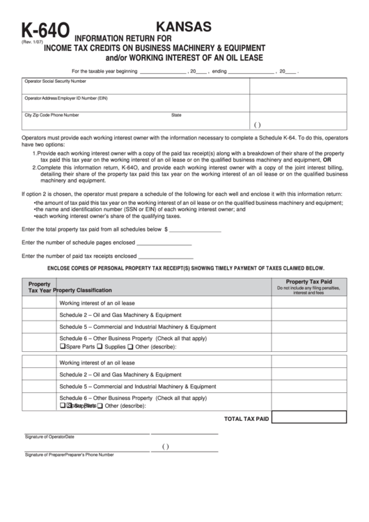Form K-64o - Kansas Information Return For Income Tax Credits On Business Machinery & Equipment And/or Working Interest Of An Oil Lease Printable pdf