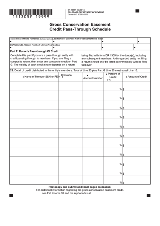 Fillable Form Dr 1305f - Gross Conservation Easement Credit Pass-Through Schedule Printable pdf