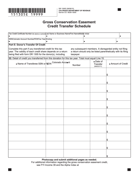 Fillable Form Dr 1305e - Gross Conservation Easement Credit Transfer Schedule Printable pdf