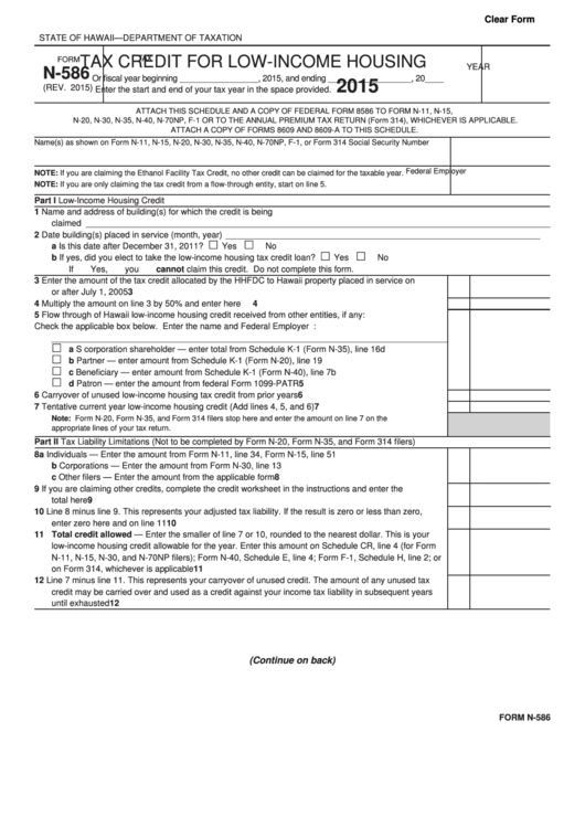 Fillable Form N-586 - Tax Credit For Low-Income Housing - 2015 Printable pdf