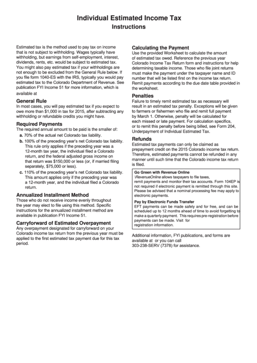 Fillable Form Dr 0104ep - Colorado Estimated Income Tax Payment Voucher - 2015 Printable pdf