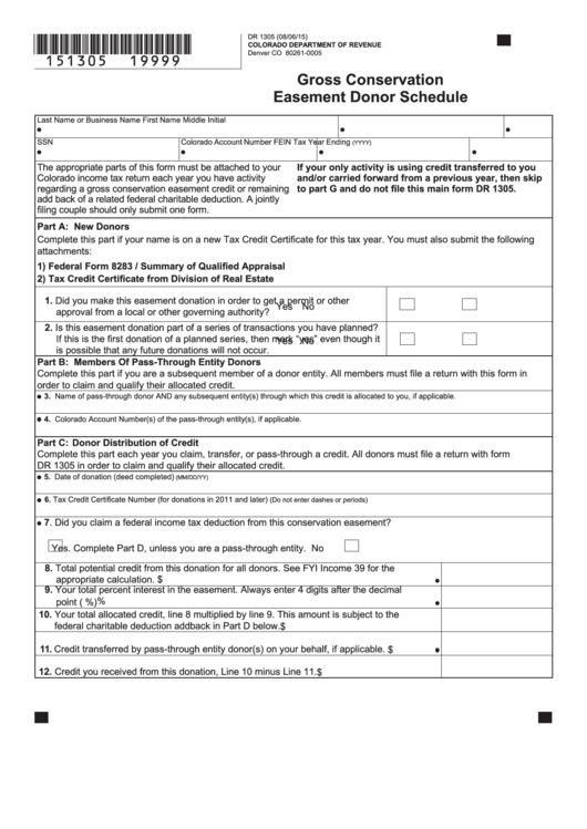 Fillable Form Dr 1305 - Gross Conservation Easement Donor Schedule Printable pdf