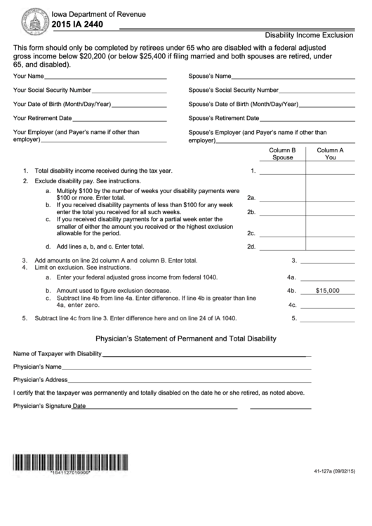Fillable Form Ia 2440 - Disability Income Exclusion - 2015 Printable pdf