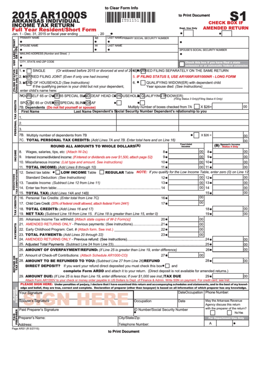 Fillable Form Ar1000s - Arkansas Individual Income Tax Return - 2015 Printable pdf