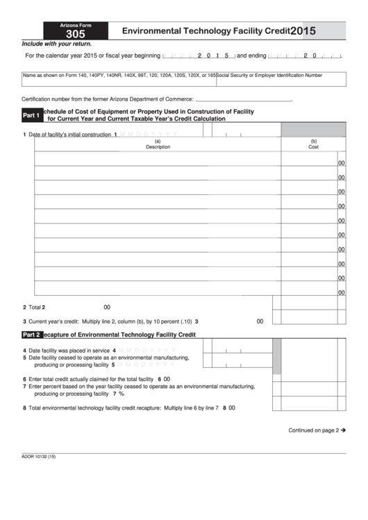 Fillable Arizona Form 305 - Environmental Technology Facility Credit - 2015 Printable pdf