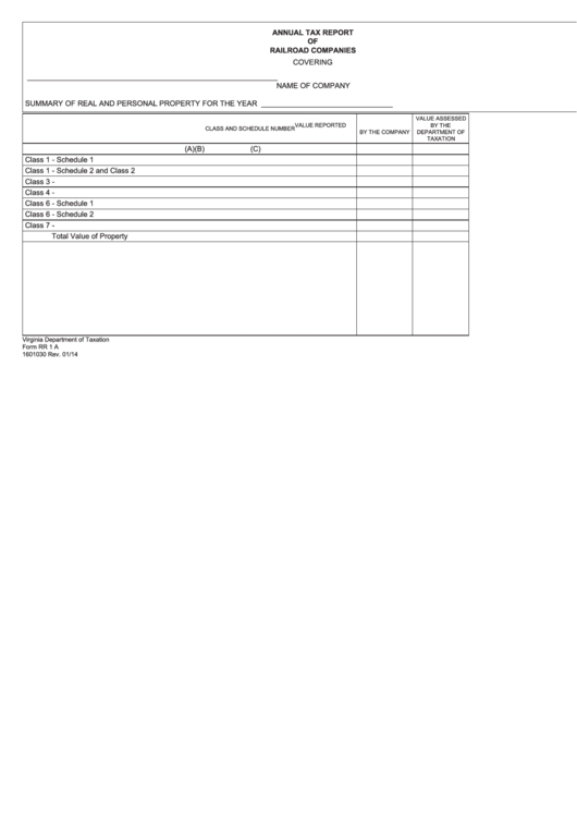 Fillable Form Rr 1 A - Annual Tax Report Of Railroad Companies Printable pdf