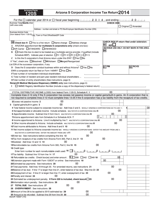 Fillable Arizona Form 120s - Arizona S Corporation Income Tax Return - 2014 Printable pdf