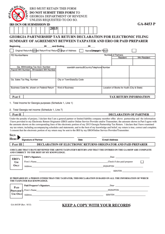 Fillable Form Ga-8453 P - Georgia Partnership Tax Return Declaration For Electronic Filing Summary Of Agreement Between Taxpayer And Ero Or Paid Preparer - 2015 Printable pdf