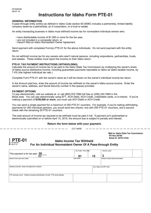 Fillable Form Pte-01 - Idaho Income Tax Withheld For An Individual Nonresident Owner Of A Pass-Through Entity Printable pdf