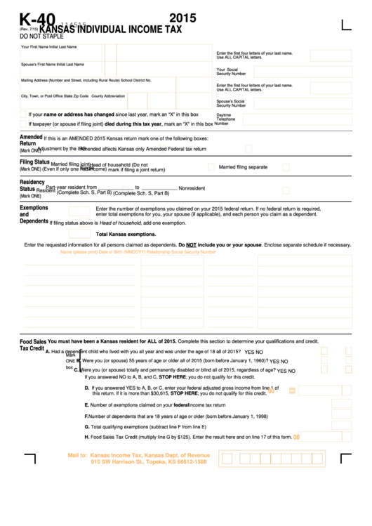 Fillable Form K-40 - Kansas Individual Income Tax Return - 2015 Printable pdf
