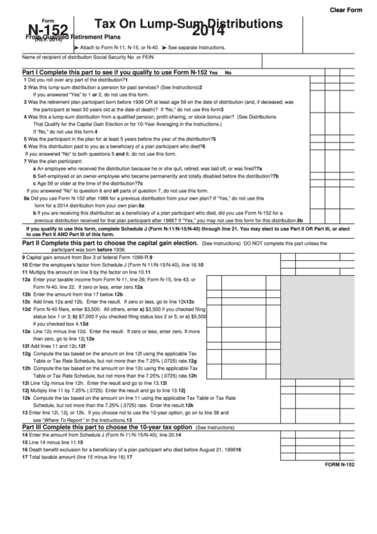 Fillable Form N-152 - Tax On Lump-Sum Distributions - 2014 printable ...