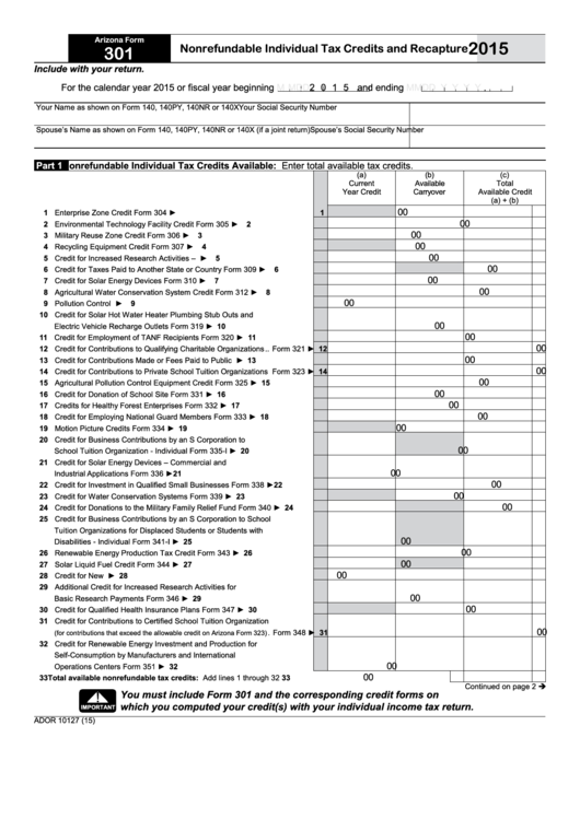 Fillable Arizona Form 301 Nonrefundable Individual Tax Credits And 