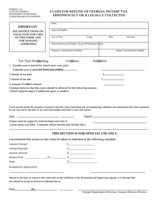 Fillable Form It-550 - Claim For Refund Of Georgia Income Tax Erroneously Or Illegally Collected Printable pdf