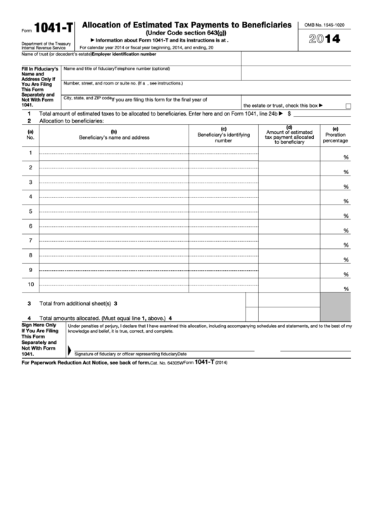 Form 1041-t - Allocation Of Estimated Tax Payments To Beneficiaries - 2014