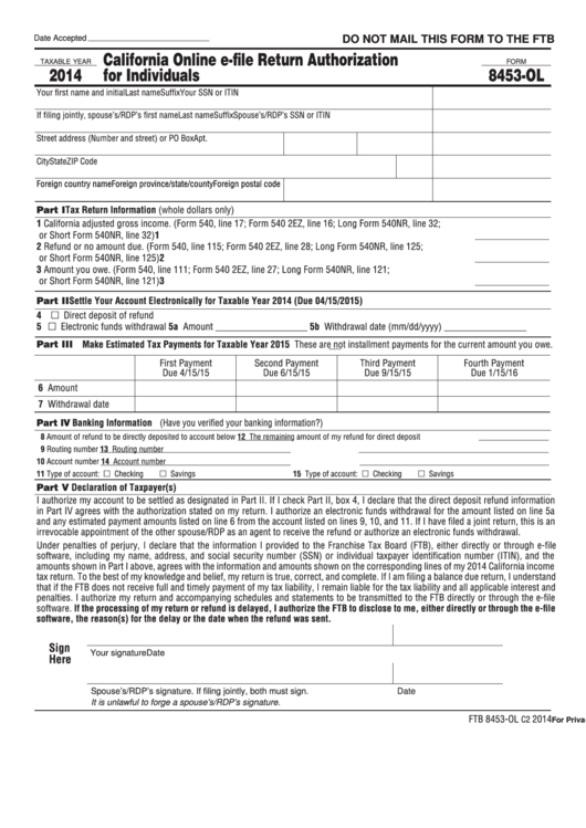 Form 8453-Ol - California Online E-File Return Authorization For Individuals - 2014 Printable pdf