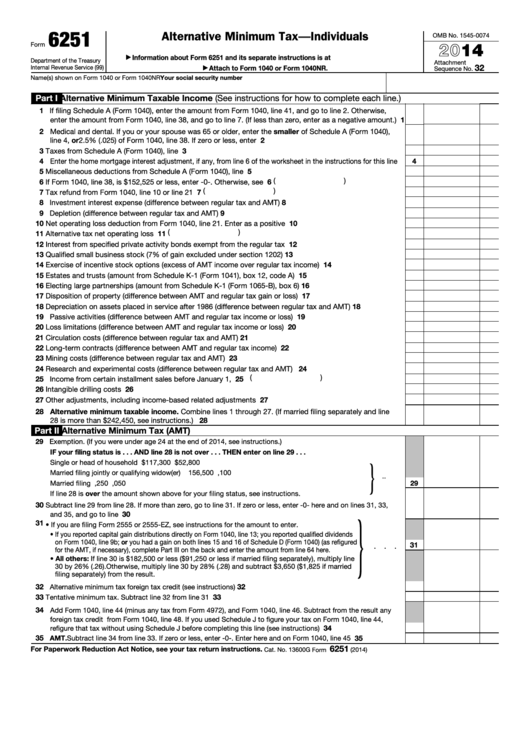 Fillable Form 6251 - Alternative Minimum Tax - Individuals - 2014 Printable pdf