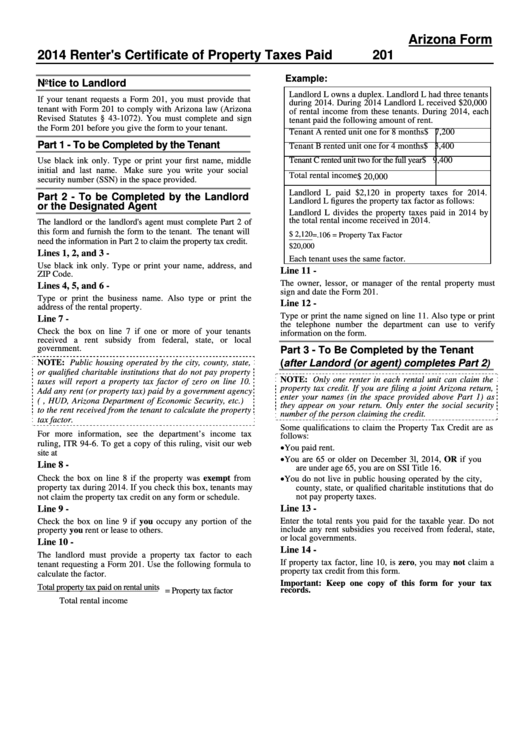 Instructions For Arizona Form 201 - Renter