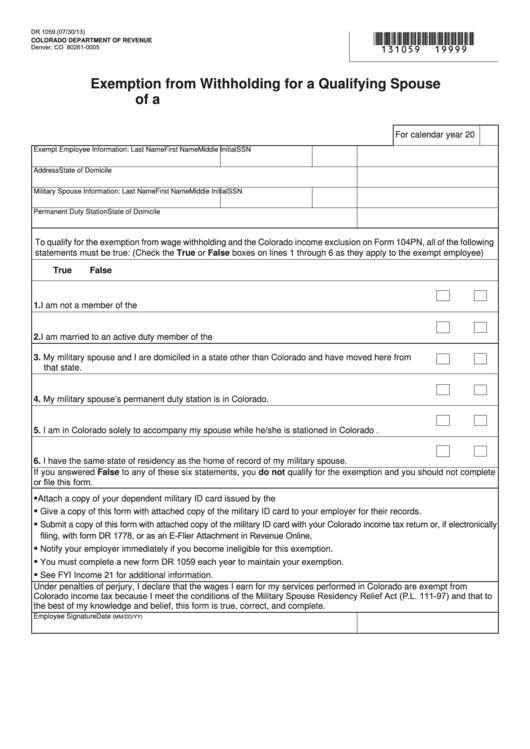 Fillable Form Dr 1059 - Exemption From Withholding For A Qualifying Spouse Of A U.s. Armed Forces Servicemember Printable pdf