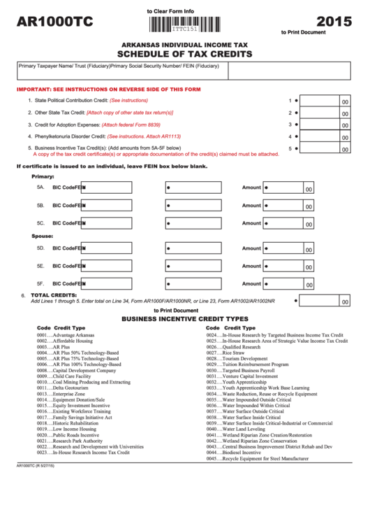 Fillable Form Ar1000tc Schedule Of Tax Credits Arkansas Individual Income Tax 2015