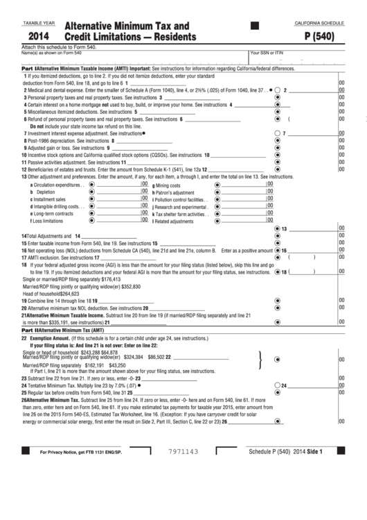 Fillable California Schedule P (540) - Alternative Minimum Tax And ...