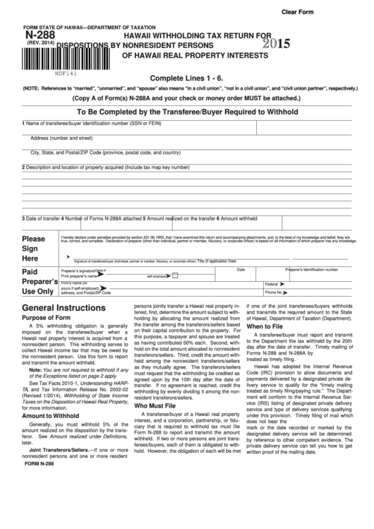 Fillable Form N-288 - Hawaii Withholding Tax Return For Dispositions By Nonresident Persons Of Hawaii Real Property Interests - 2015 Printable pdf