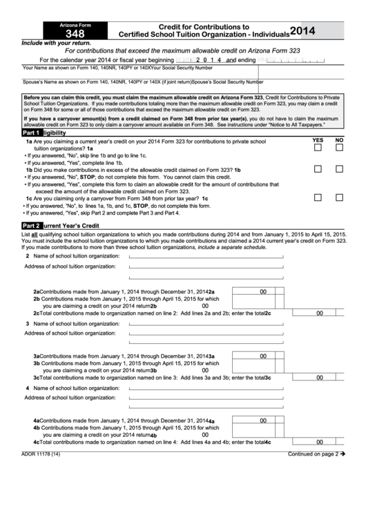 Fillable Form 348 - Arizona Credit For Contributions To Certified School Tuition Organization Individuals - 2014 Printable pdf