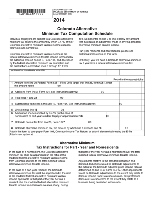 Fillable Form Dr 0104amt - Colorado Alternative Minimum Tax Computation Schedule - 2014 Printable pdf