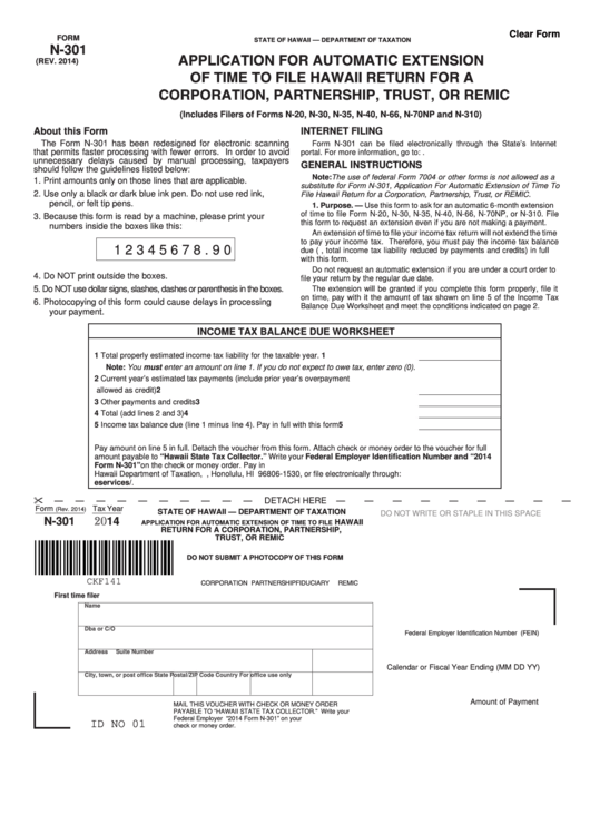 Form N-301 - Application For Automatic Extension Of Time To File Hawaii Return For A Corporation, Partnership, Trust, Or Remic