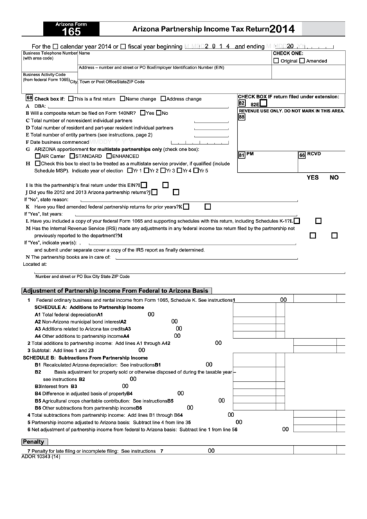 Fillable Arizona Form 165 - Arizona Partnership Income Tax Return - 2014 Printable pdf