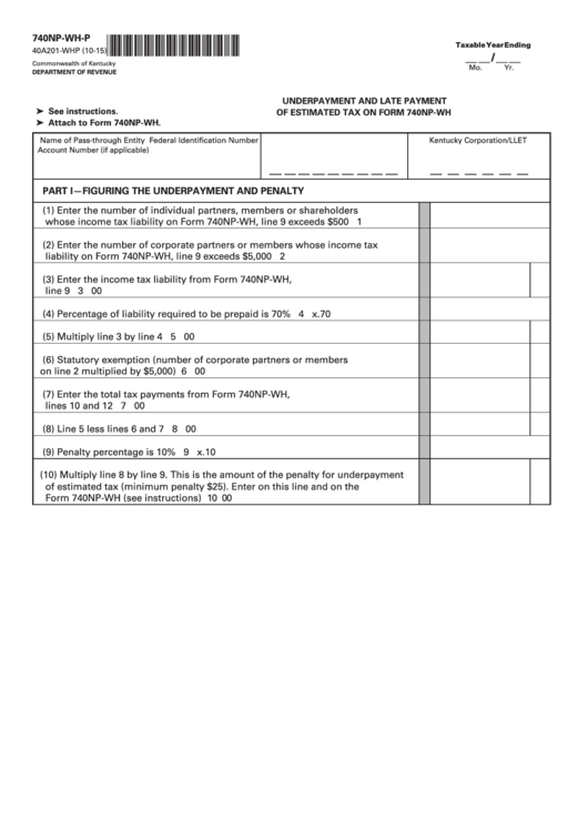 Form 740np-Wh-P - Underpayment And Late Payment Of Estimated Tax On Form 740np-Wh Printable pdf