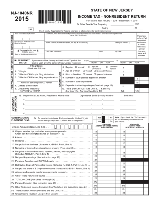 Fillable Form Nj-1040nr -Non-Resident Income Tax Return - 2015 Printable pdf