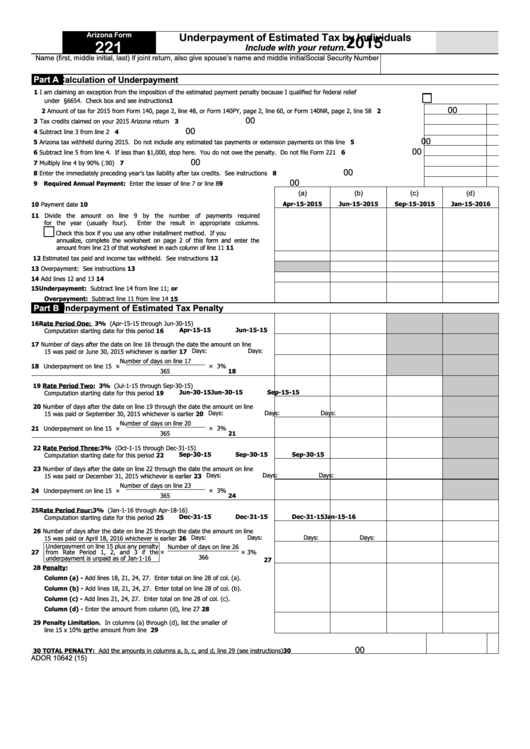 Fillable Arizona Form 221 - Underpayment Of Estimated Tax By Individuals - 2015 Printable pdf