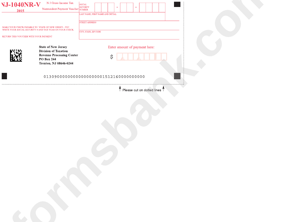 Form Nj-1040nr-V - Nj Gross Income Tax Nonresident Payment Voucher - 2015