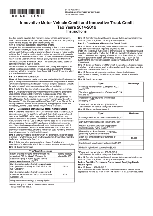 Fillable Form Dr 0617 - Innovative Motor Vehicle And Innovative Truck Credits Tax Years 2014 - 2016 Printable pdf