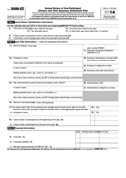 Fillable Form 5500-Ez - Annual Return Of One-Participant (Owners And Their Spouses) Retirement Plan - 2014 Printable pdf