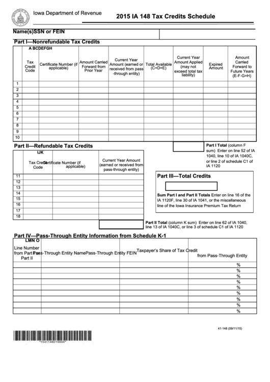 Fillable Form Ia 148 - Tax Credits Schedule - 2015 Printable pdf