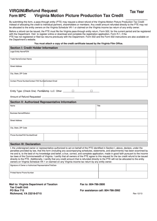 Fillable Form Mpc - Refund Request Virginia Motion Picture Production Tax Credit Printable pdf